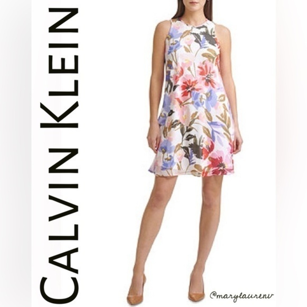 NWT Calvin Klein Petite 6P Floral Chiffon Shift Dress Spring Easter Church White